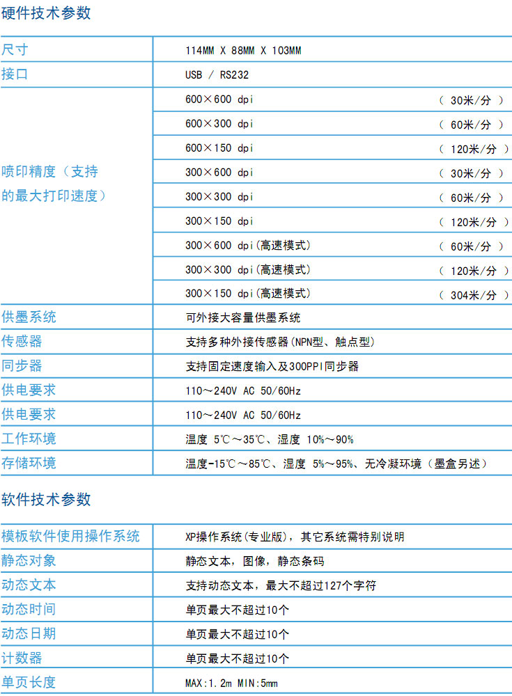 包裝噴碼機技術參數(shù)